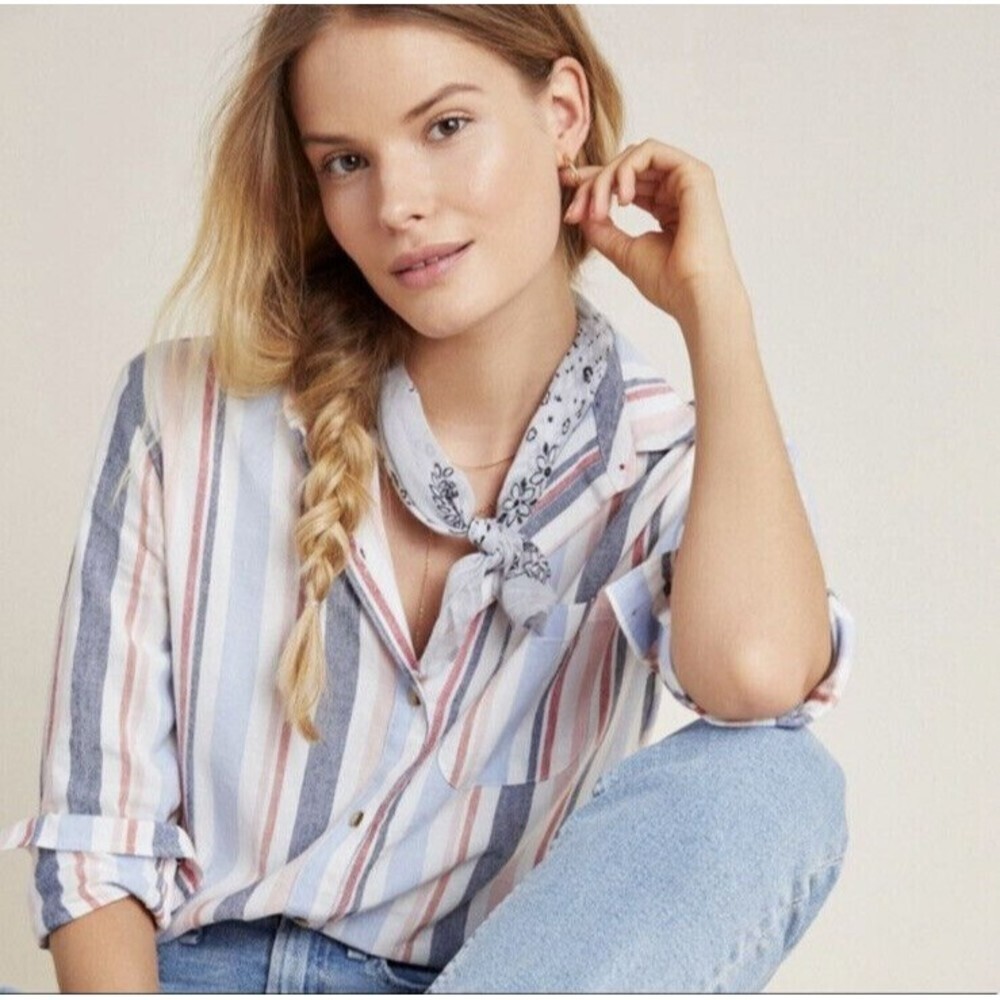 Anthropologie Maeve Chatham Striped Button Down shirt top linen blend multicolor